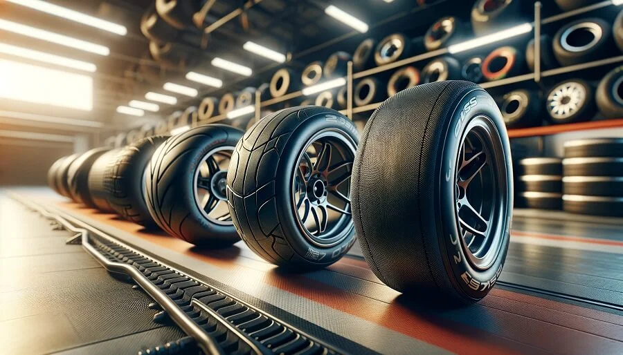 A-close-up-view-of-four-go-kart-tires-lined-up-horizontally