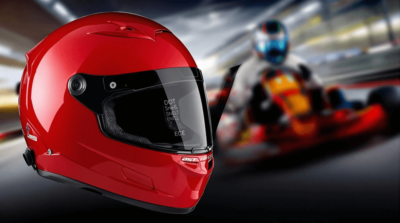 Go-kart racing helmet showing DOT, Snell and ECE safety certifications - essential head protection for karting safety.