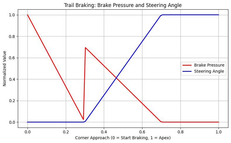 Go kart trail braking diagram showing brake pressure and steering angle during corner entry