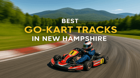 Go-kart racing on scenic New Hampshire track with White Mountains backdrop