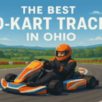 Illustrated go-kart racing scene on professional track in Ohio with mountain backdrop