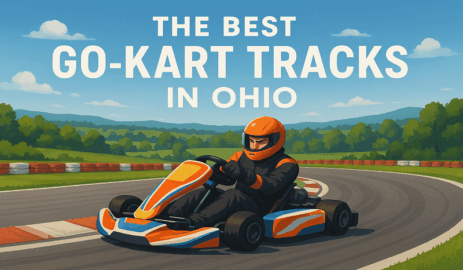 Illustrated go-kart racing scene on professional track in Ohio with mountain backdrop