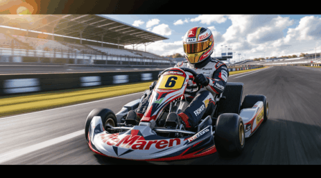 Go-kart racer driving at high speed on a professional racing track