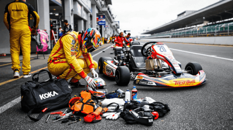Go-kart racer checking and preparing safety equipment before a race, including helmet, gloves, and racing suit in a pit area.