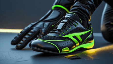 Professional go-kart racing shoe in black and neon green with matching racing glove on a reflective surface