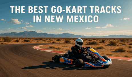 Go-kart racing on a desert track in New Mexico with mountain backdrop
