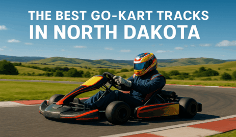 Professional go-kart racer on racing track with North Dakota prairie landscape