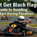 Go-kart racer on track with official holding black flag, demonstrating racing penalties