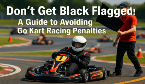 Go-kart racer on track with official holding black flag, demonstrating racing penalties
