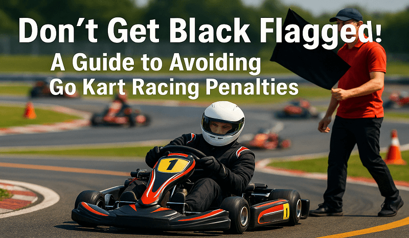 Go-kart racer on track with official holding black flag, demonstrating racing penalties