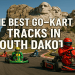 A realistic go-kart racing scene set against a South Dakota landscape.