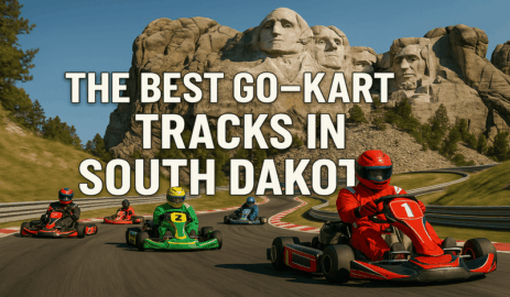 A realistic go-kart racing scene set against a South Dakota landscape.