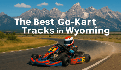 Featured image of a go-kart racing track in Wyoming with mountains in the background, showing a professional karting circuit with safety barriers and track markings