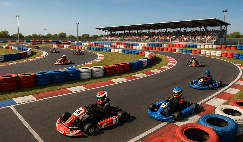 realistic close-up of a go-kart driver in full gear racing on an Oklahoma track.