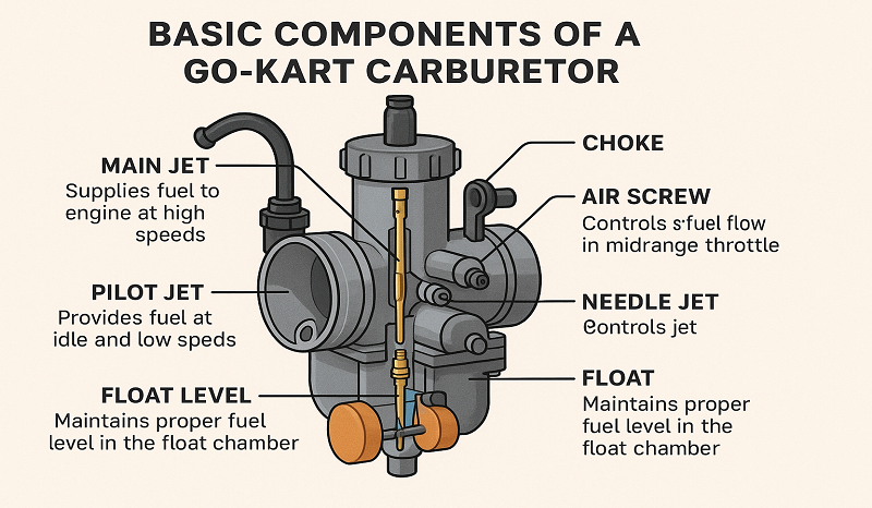 Labeled diagram of a go-kart carburetor showing main jet, pilot jet, needle, air screw, float, and choke