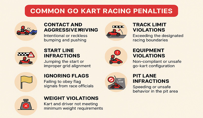 Infographic showing 7 common go-kart racing penalties with icons and descriptions