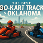 A dynamic go-kart speeding around a track in Oklahoma, with vibrant colors and motion blur.