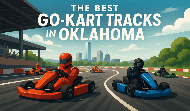 A dynamic go-kart speeding around a track in Oklahoma, with vibrant colors and motion blur.
