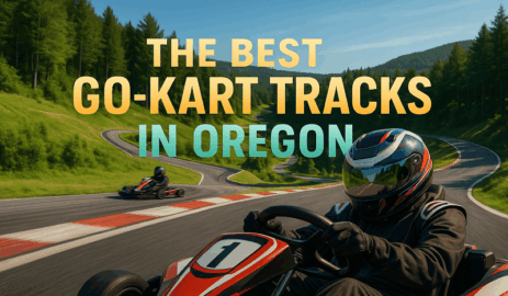 A dynamic go-kart racing scene on a scenic Oregon track with lush greenery.