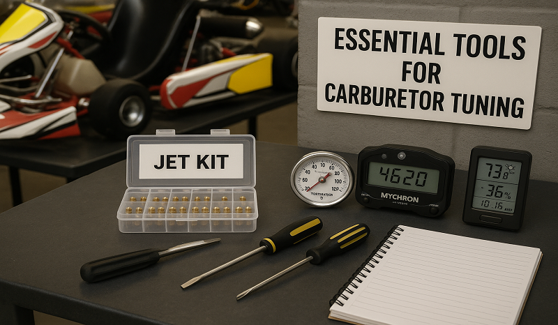 Realistic photo of a go-kart on a track, ready for carburetor adjustments based on weather